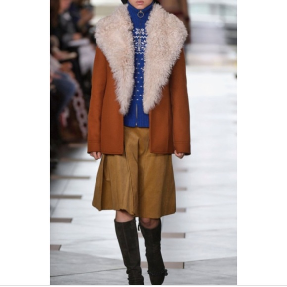 Tory Burch Lancaster Wool Fur Chevron Coat Orange - Picture 3 of 12